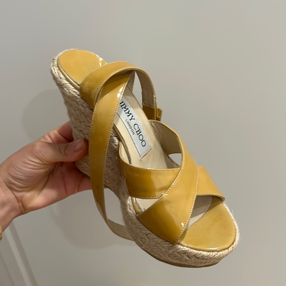 JIMMY CHOO PHOENIX YELLOW PATENT LEATHER WEDGES
